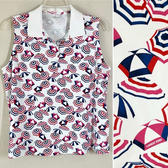 LANDS' END Sleeveless Top Polo Shirt Novelty Beach Umbrellas Resort Vacation 1X - Picture 7 of 7